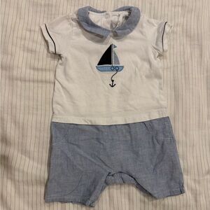 Vintage Nautical Sailboat Baby Romper in White and Light Blue